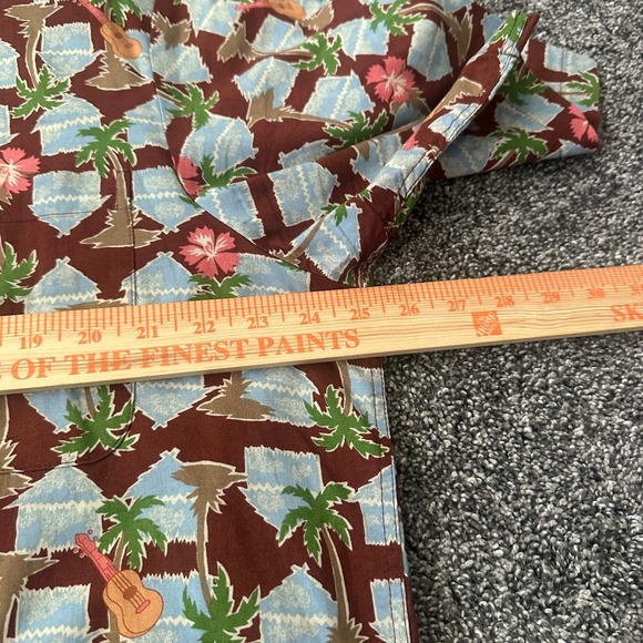 Vtg Reyn Spooner Hawaiian Shirt Mens Large Brown Palm Tree Hut Guitar Hibiscus - Picture 9 of 14